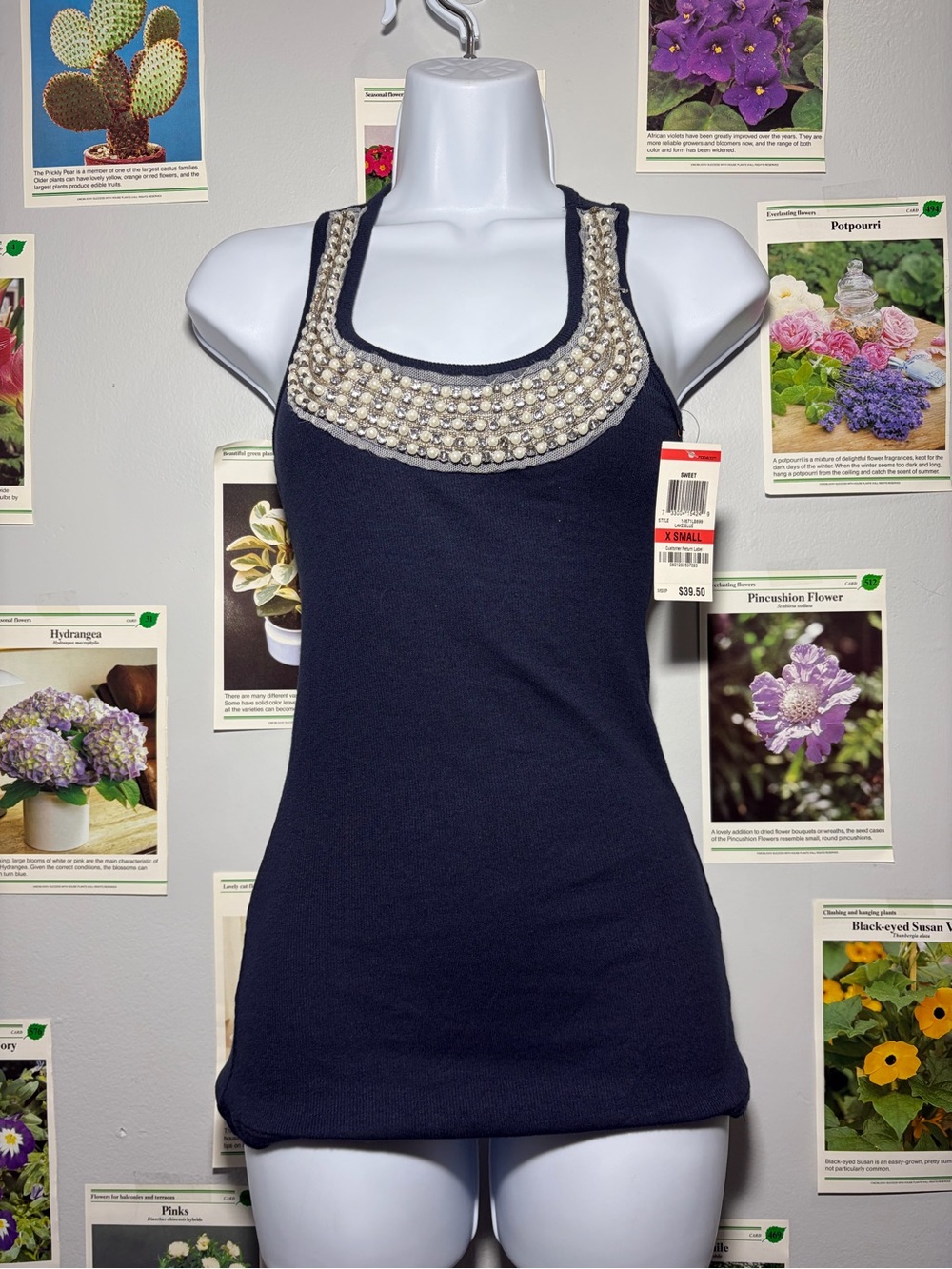 INC International Concepts Navy Tank Top with Beaded Scoop Neckline